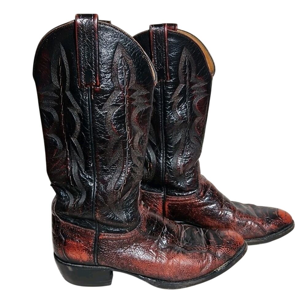 VTG Lucchese 2000 Black Cherry Ostrich Leg Cowboy Boots Mens 8 EE Style T3114j4
